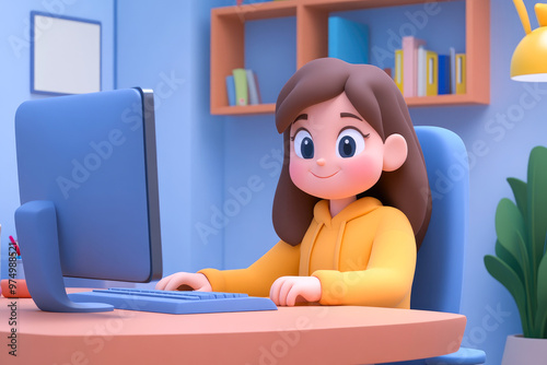 A young person wearing a yellow hoodie, working on a computer at a neat desk in a light blue room, representing productivity and focus. photo