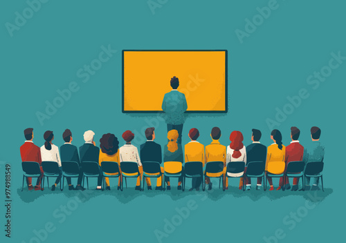 Business Team in Educational Presentation Meeting with Leader Giving Lecture in Minimalistic Vector Illustration Style, Daytime Formal Office Setting