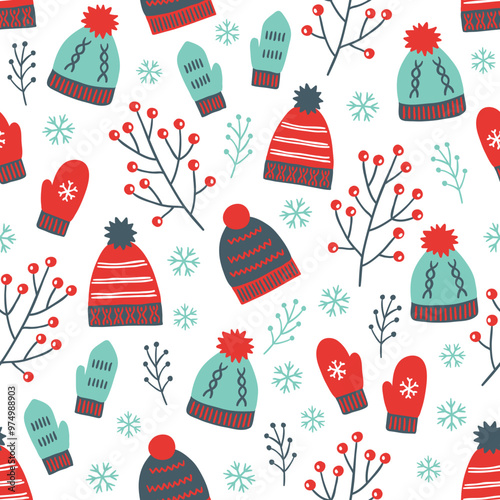 A festive pattern featuring winter hats, mittens, and botanical elements.