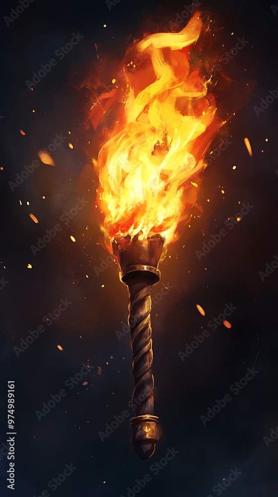 Burning Torch Isolated on Black Background,   Fantasy, Medieval, Adventure, and RPG