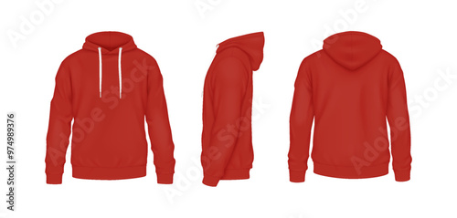 Red cotton hoodies with logo mockup realistic vector illustration set. Colorful outfit with design template 3d models on white background