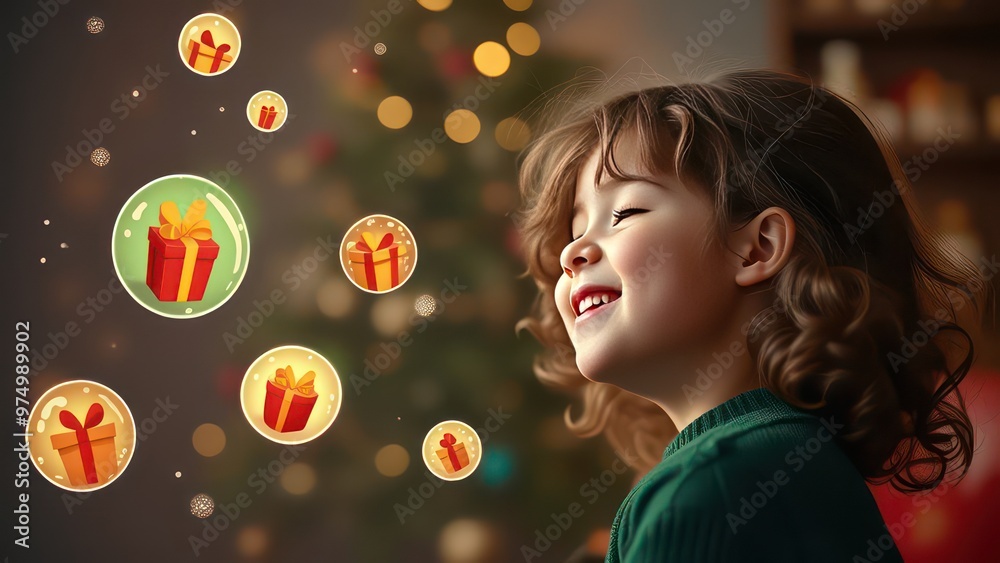 Naklejka premium Photo portrait of little girl eyes closed dreaming about gifts, girl smiling, big cartoon drawn circles with gifts inside circles flying around girl head, green wool sweater, curly hair, festive xmas