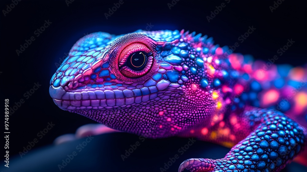 High-resolution photo of a lizard glowing under bright and colorful neon lights High-resolution photo of a lizard glowing under bright and colorful neon lights