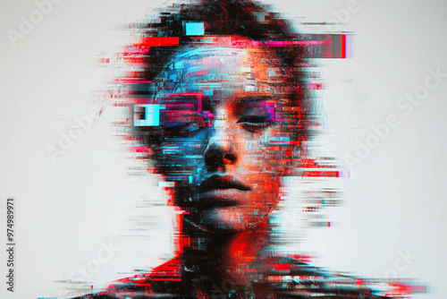 A digital portrait with abstract glitch effects, showcasing the intersection of technology and human identity in vibrant colors.