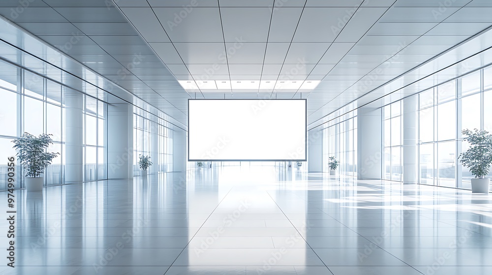 Bright and airy floor with a large blank billboard in the center, suitable for mock-up or promotional imagery
