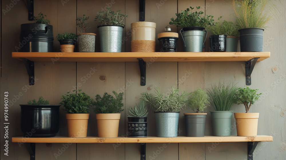 Wooden shelves filled with a variety of potted plants and herbs against a rustic wooden wall, creating a natural and cozy indoor garden atmosphere perfect for home decor and plant lovers. Wooden shelves filled with a variety of potted plants and herbs against a rustic wooden wall, creating a natural and cozy indoor garden atmosphere perfect for home decor and plant lovers.