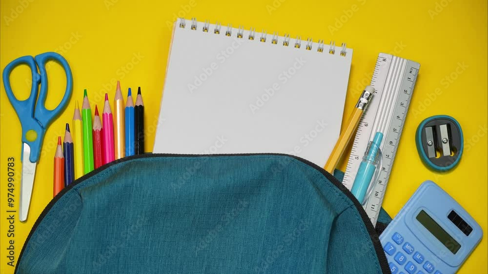 School stationery moving out of backpack on yellow background. Space for text, blank notebook. Stop motion
