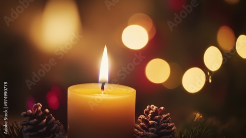 A Single Candle with Pine Cones and Warm Bokeh Lights