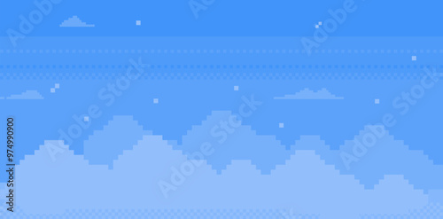 Blue sky background in pixel art. Clouds. Game abstract pattern. Mood of 90's aesthetics. 8-bit retro style vector illustration. Simple geometric shape. Blue pastel colored horizontal vector banner
