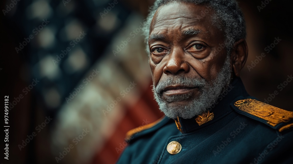 Distinguished African American Senior Military Officer in Uniform Posing Proudly Against the Backdrop of the American Flag Distinguished African American Senior Military Officer in Uniform Posing Proudly Against the Backdrop of the American Flag