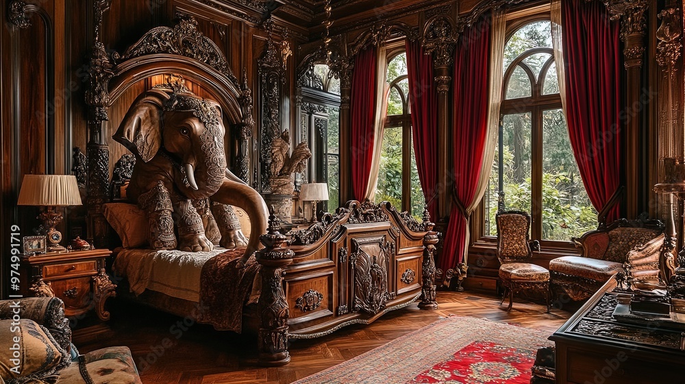 Fototapeta premium Elevate Your Space: Luxurious Bedroom with Intricate Elephant Sculpture and Rich Wooden Tones - Perfect Poster for Exotic Décor Inspiration