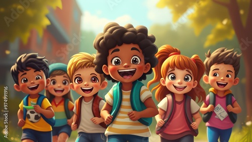 Group of diverse cheerful fun happy multiethnic children outdoors at the schoolyard 