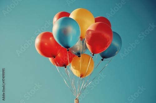 Balloons flying high in a clear blue sky photo