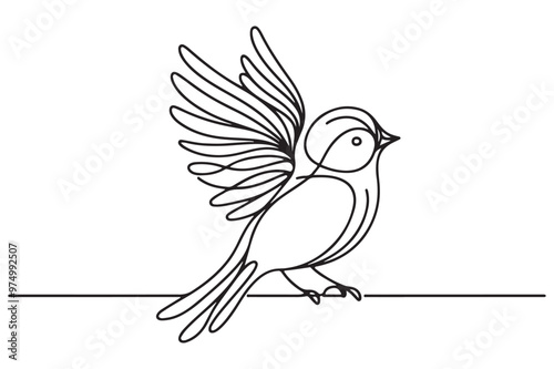 One line continuous bird. Sitting bird line art outline vector illustration.Animal bird flying continuous outline. photo