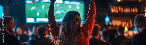Woman cheering at sports bar, watching game on TV with friends. Concept of sports, bar, fan, celebration, excitement.