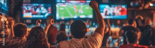 Excited Sports Fans Cheering at a Bar in Front of Multiple TVs photo