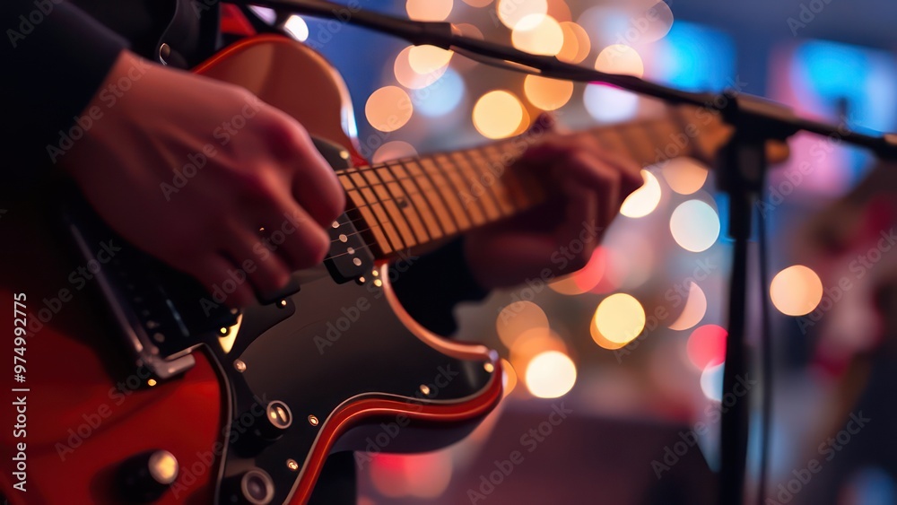 Obraz premium Music holiday composition with close up electronic guitar on blurred concert background with bokeh effect