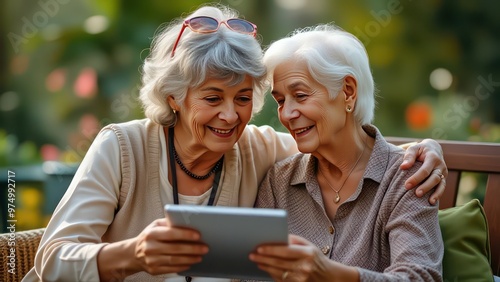 two elderly people looking at a tablet together while sitting in the garden