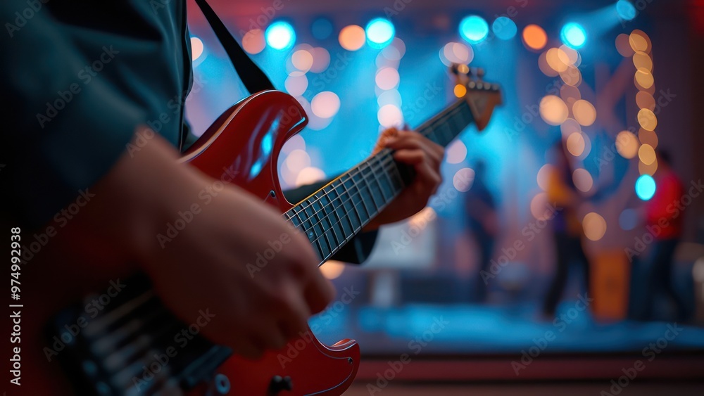 Obraz premium Music holiday composition with close up electronic guitar on blurred concert background with bokeh effect