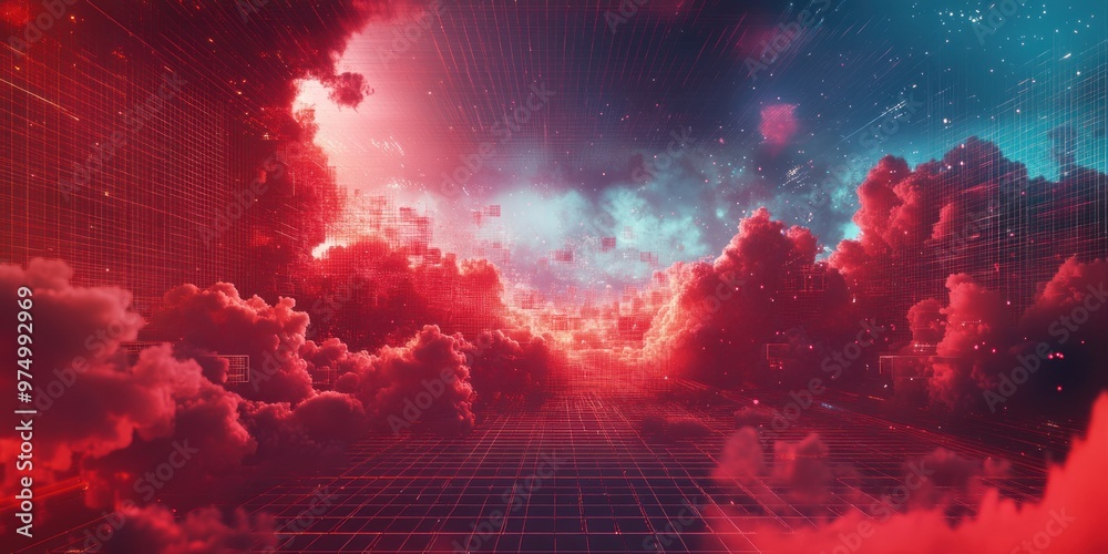 A digital grid pattern overlays a vibrant red and blue sky with fluffy clouds, creating a futuristic, dreamy atmosphere. A digital grid pattern overlays a vibrant red and blue sky with fluffy clouds, creating a futuristic, dreamy atmosphere.