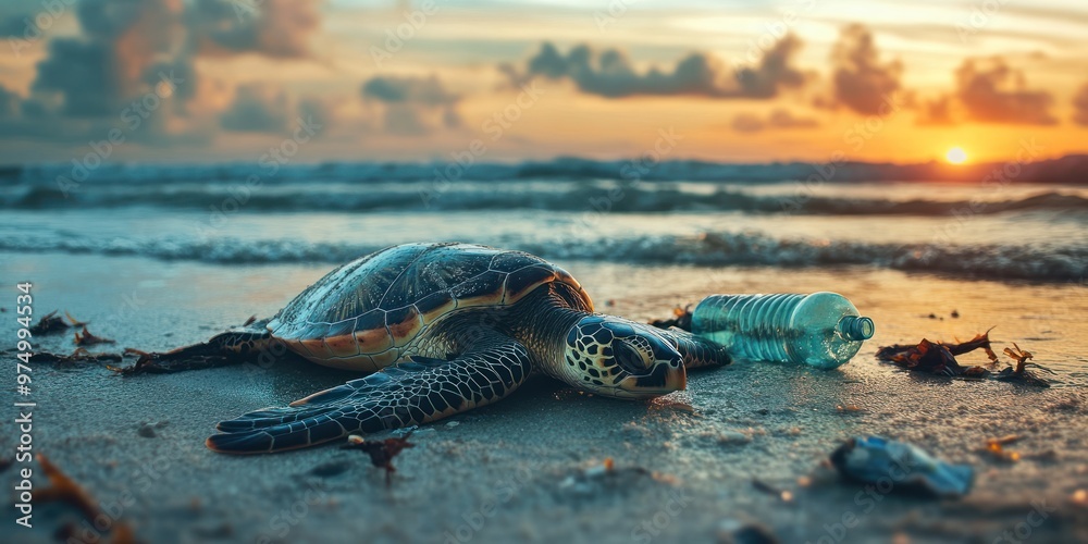 Obraz premium A sea turtle lies on a beach at sunset with a plastic bottle nearby.