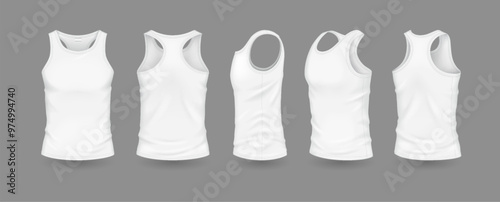 White men tank tops with brand mockup realistic vector illustration set. Sports apparel with design template 3d models on grey background