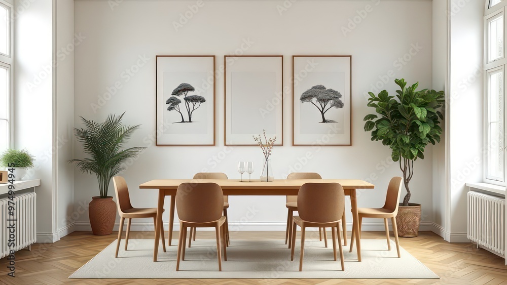 Scandinavian interior of dining room, trio of prints, light wood frames, off-white wall, classic parquet floor Scandinavian interior of dining room, trio of prints, light wood frames, off-white wall, classic parquet floor