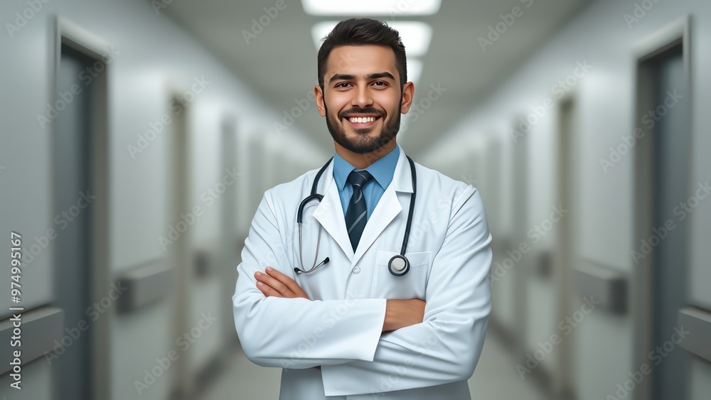 smiling male doctor in white professional clothes standing looking at camera with arms folded on chest, blurred white hospital corridor on background smiling male doctor in white professional clothes standing looking at camera with arms folded on chest, blurred white hospital corridor on background
