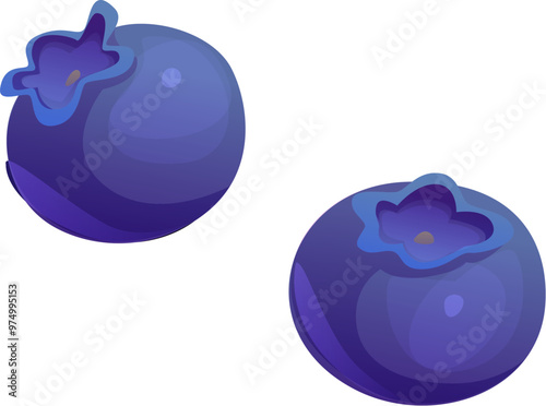 Cartoon blueberry fruits. Isolated vector two fresh berries with rich, deep blue tones and smooth peel. Sweet summer food, healthy eating, natural, juicy, vitamin product. Ripe delisicous blueberries
