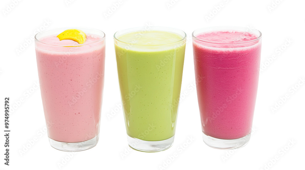 Three colorful smoothies ready to drink. Three colorful smoothies ready to drink.