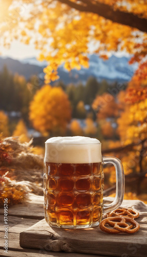 A mug of beer with a frothy head placed on a wooden surface outdoors, with autumn leaves and mountains in the background.