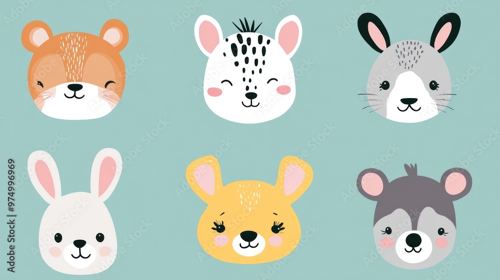 Digital design doodles set of cute animal faces in pastel colors, simple shapes on pastel blue background, cute and friendly faces of various animals such as bears etc. Digital design doodles set of cute animal faces in pastel colors, simple shapes on pastel blue background, cute and friendly faces of various animals such as bears etc.