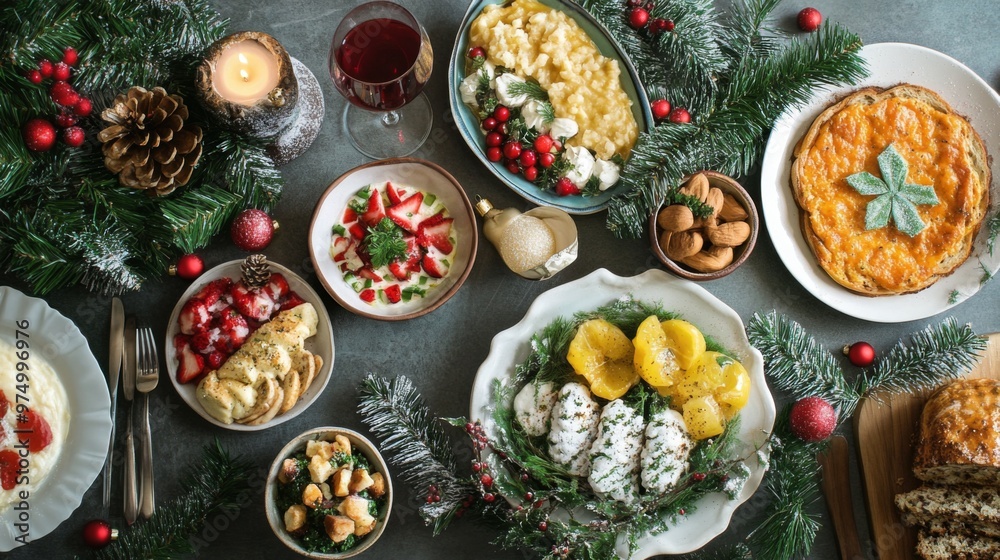 Christmas Dinner Table with Festive Decorations and Various Dishes Christmas Dinner Table with Festive Decorations and Various Dishes
