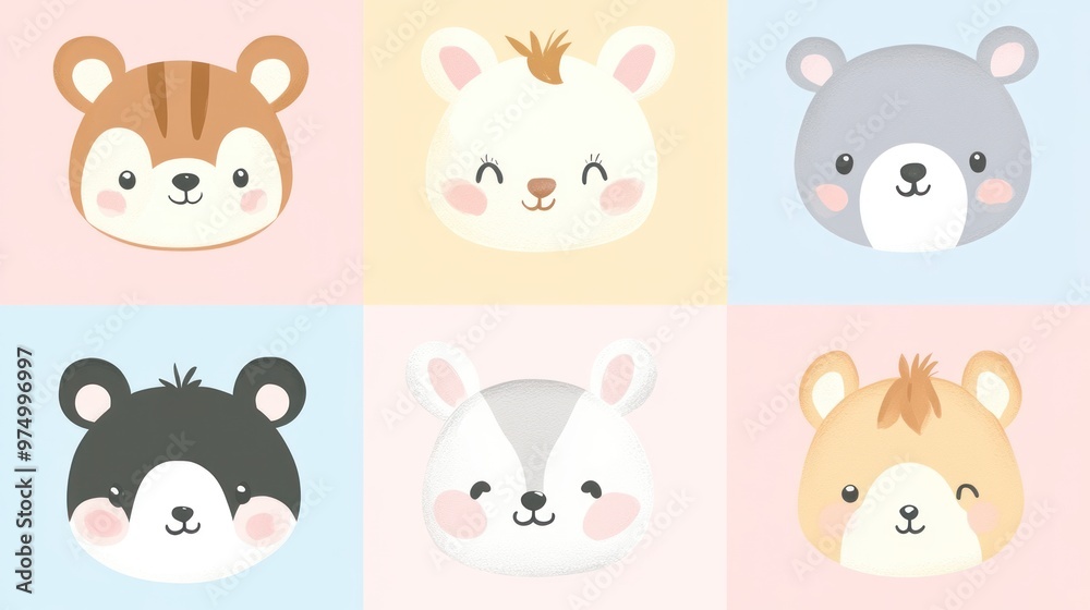 Digital design doodles set of cute animal faces in pastel colors, simple shapes on pastel blue background, cute and friendly faces of various animals such as bears etc. Digital design doodles set of cute animal faces in pastel colors, simple shapes on pastel blue background, cute and friendly faces of various animals such as bears etc.