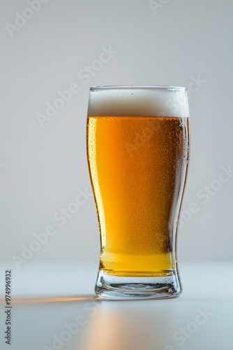 glass of cold beer with foam on a plain background drops of sweaty beer condensation Generative AI