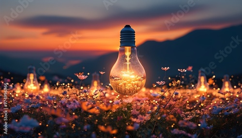 Surreal Sunset Field of Illuminated Light Bulbs Blending Innovation with Nature, Captivating Floral Landscape Evoking Dreamy Inspiration