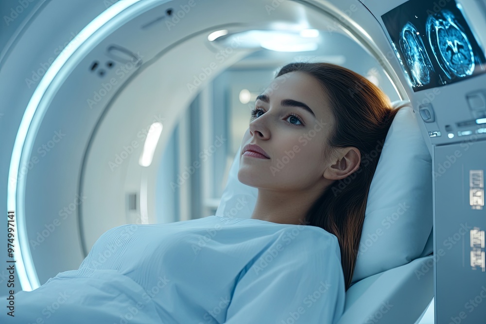 Young Brunette Woman Waiting for MRI Brain Scan in Modern Clinic. Young Brunette Woman Waiting for MRI Brain Scan in Modern Clinic.