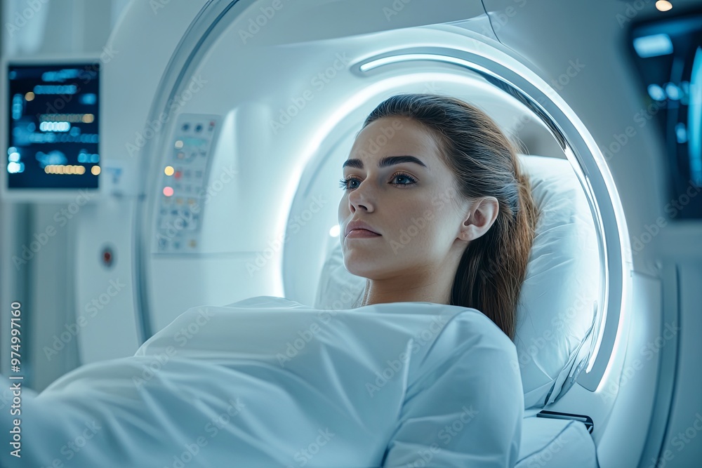 Young Brunette Woman Waiting for MRI Brain Scan in Modern Clinic. Young Brunette Woman Waiting for MRI Brain Scan in Modern Clinic.