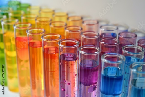 Close up of test tubes filled with colorful chemical liquid for an experiment in a science research lab