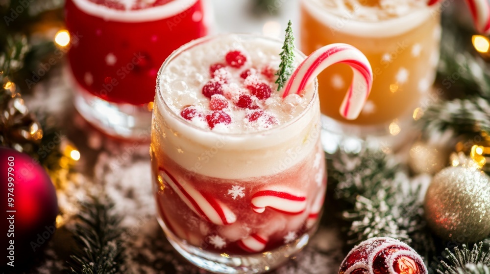 Festive Christmas Cocktail with Candy Cane Garnish and Cranberries Festive Christmas Cocktail with Candy Cane Garnish and Cranberries