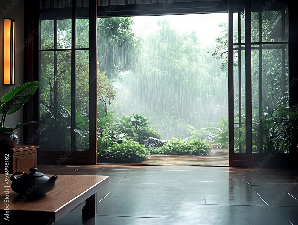 Fototapeta premium Serene Chinese style Room with Floor to Ceiling Windows Overlooking Lush Rainy Landscape