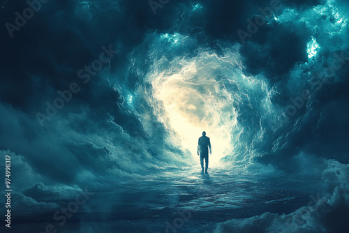 Illustration of a man walking out of the darkness toward the light, symbolizing hope, transformation, and the journey to freedom. Suitable for motivational and inspirational purposes.