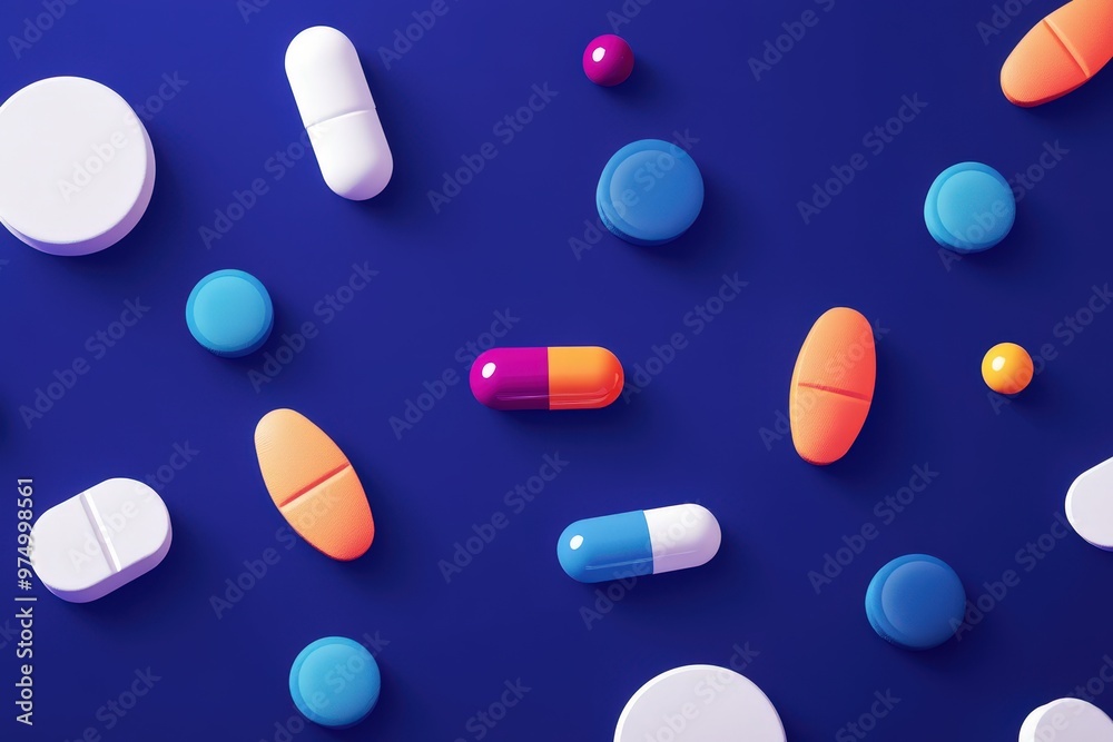 Pills in capsules and white whole and crushed pills on a blue background. . Concept of medicine. Close-up. Beautiful simple AI generated image