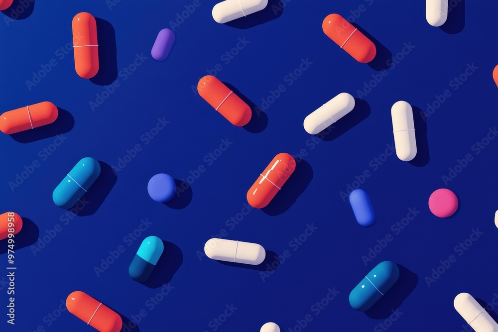 Falling multi-colored pills on a blue background, top view.. Beautiful simple AI generated image Falling multi-colored pills on a blue background, top view.. Beautiful simple AI generated image