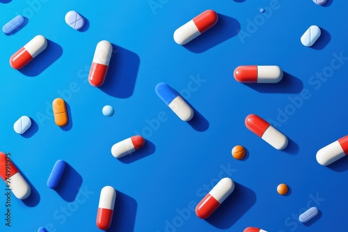 Different types of pills fall on the table. On a blue background.Filmed on a high-speed camera. Beautiful simple AI generated image