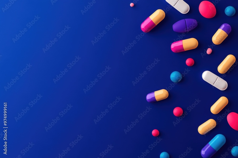 Falling multi-colored pills on a blue background, top view.. Beautiful simple AI generated image Falling multi-colored pills on a blue background, top view.. Beautiful simple AI generated image
