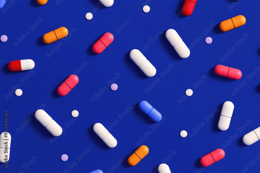 Falling multi-colored pills on a blue background, top view.. Beautiful simple AI generated image Falling multi-colored pills on a blue background, top view.. Beautiful simple AI generated image