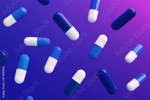 Pills in capsules and white whole and crushed pills on a blue background. . Concept of medicine. Close-up. Beautiful simple AI generated image