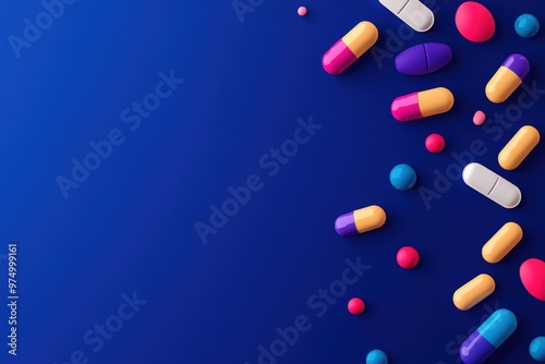 Falling multi-colored pills on a blue background, top view.. Beautiful simple AI generated image