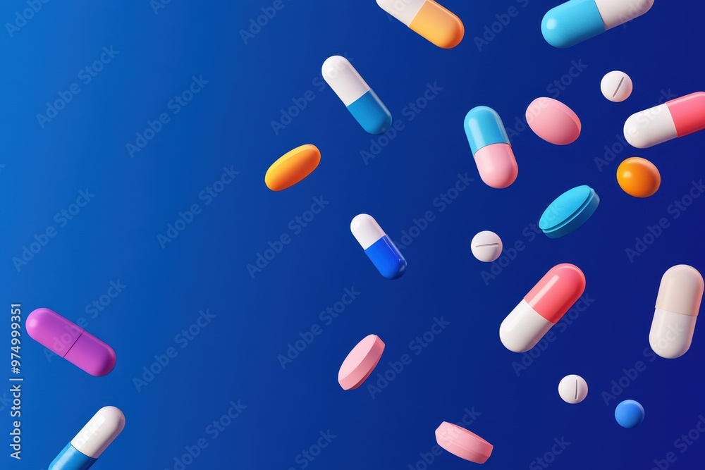 Falling multi-colored pills on a blue background, top view.. Beautiful simple AI generated image